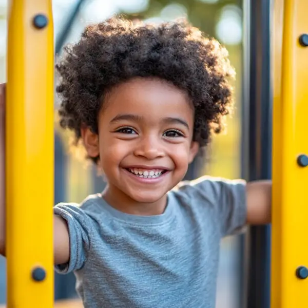 Enfant souriant à côté d'un équipement de matériel de fitness extérieur pour enfants