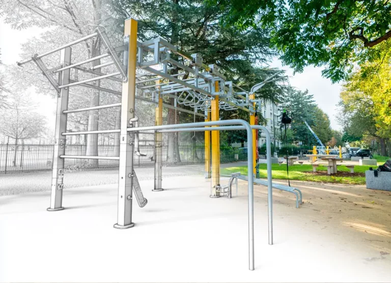 Conception du matériel de fitness extérieur : structure en cours de modélisation et installation dans un parc