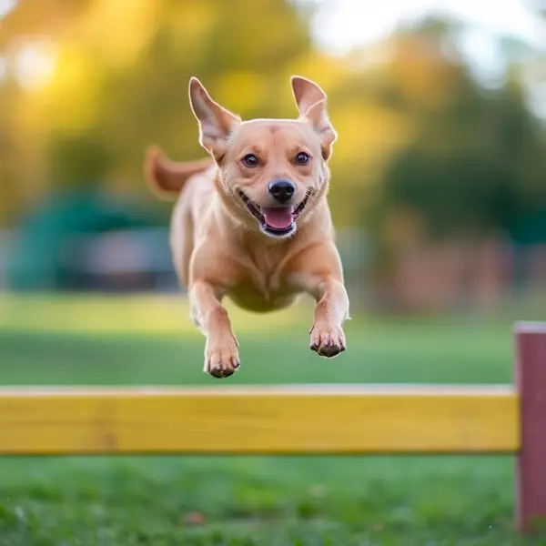 Chien sautant au dessus d'un matériel de fitness extérieur pour chien