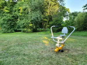 Vue d’un appareil de fitness extérieur avec un cadre apaisant à la Fondation L’Élan Retrouvé, Amboise.