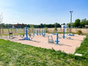 Vue d'ensemble de l'aire de street workout à Riorges avec équipements de fitness en plein air.